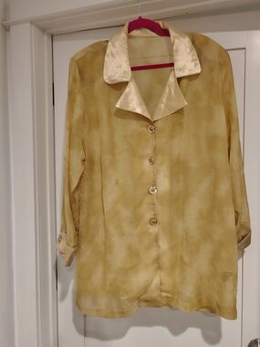 Golden Silk-Look Button-Up Blouse